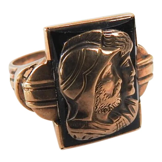 Early 20th Century 10k Gold Onyx Profile Ring For Sale