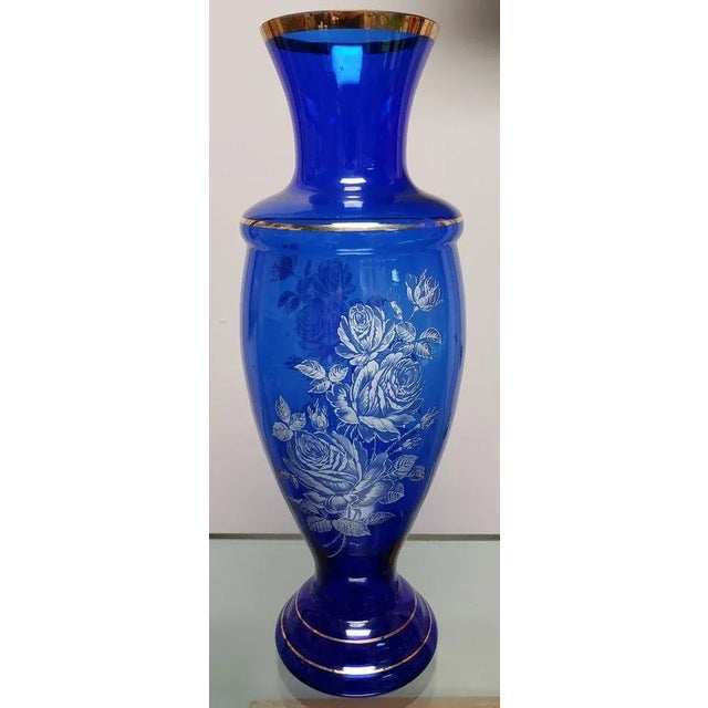 American Vintage Fenton Gilded Cobalt Glass Mary Gregory Style Roses Motif Baluster Vase For Sale - Image 3 of 8
