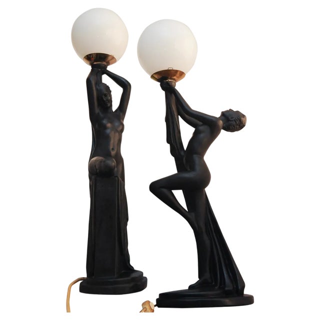 Art Deco Ebonized Plaster Nude Feminine Form Table Lamps, 1930s, Set of 2 For Sale