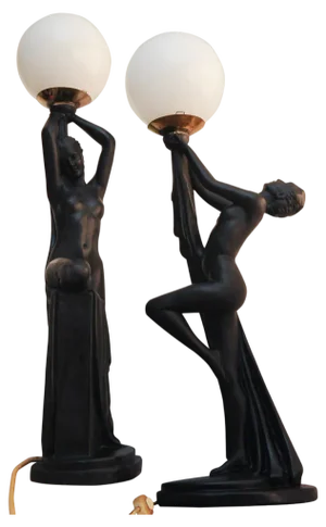 Art Deco Ebonized Plaster Nude Feminine Form Table Lamps, 1930s, Set of 2