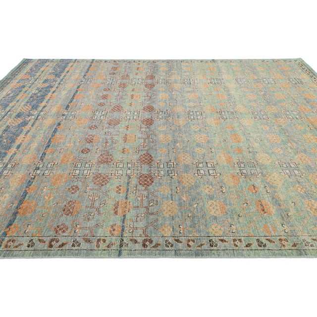 Textile Vintage-Inspired Khotan Geometric Wool Rug – Earthy Sage, Terracotta, and Navy For Sale - Image 7 of 9