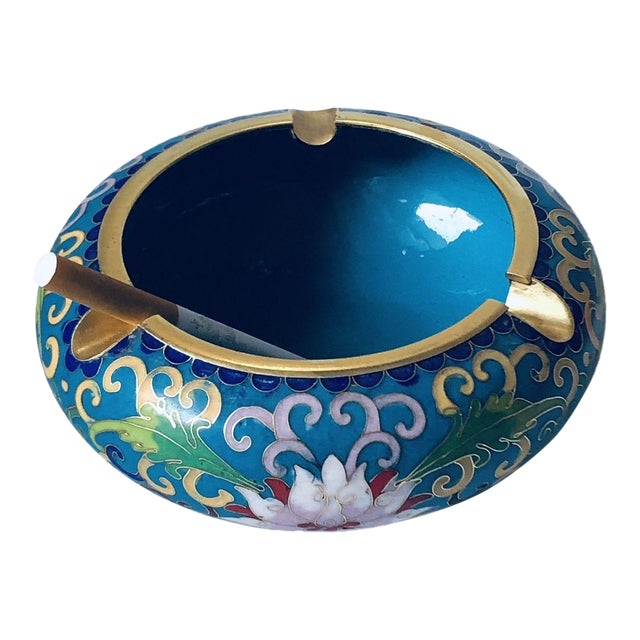 Vintage Chinese Cloisonné Ashtray | Turquoise Ground Lotus Motif With Gilt Rim For Sale