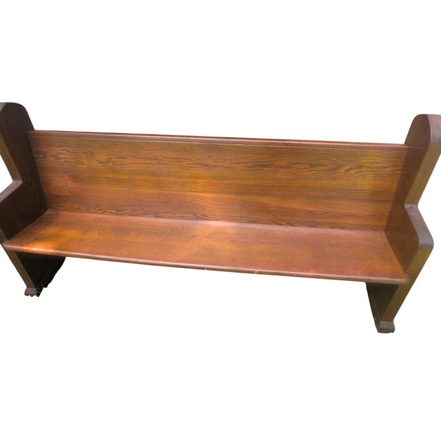 Mid 20th Century Carved Solid Oak Church Pew Bench With Cross Details – 75" For Sale - Image 14 of 17