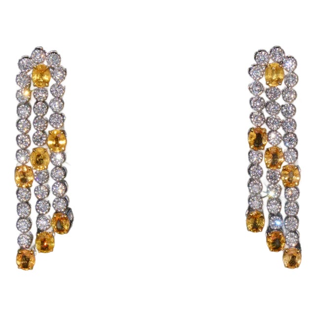 Certified Natural 8.96CTS VS F Diamond Yellow Sapphire 18K Solid Gold Dangle Earrings, A Pair For Sale