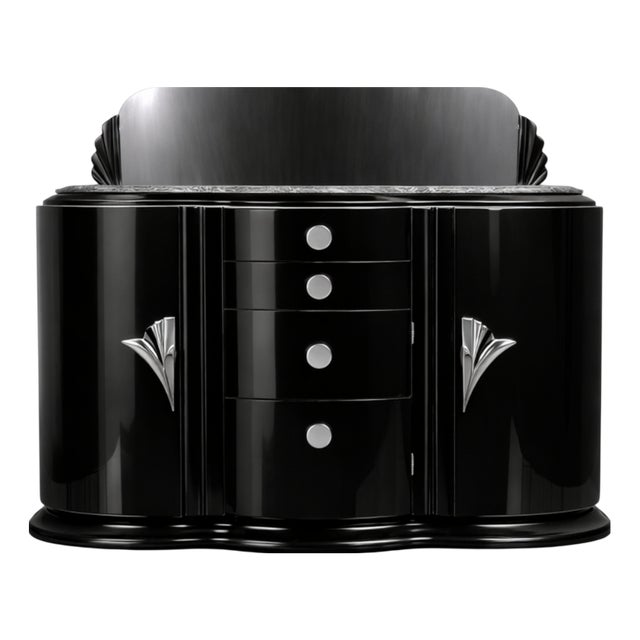 French Art Deco Credenza with Mirror Black Lacquer For Sale