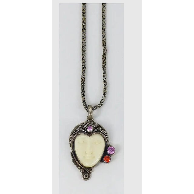 Mid 20th Century Mid 20th Century Large Sajen Sterling Bone Gemstone Goddess on Woven Sterling Chain Necklace For Sale - Image 5 of 7