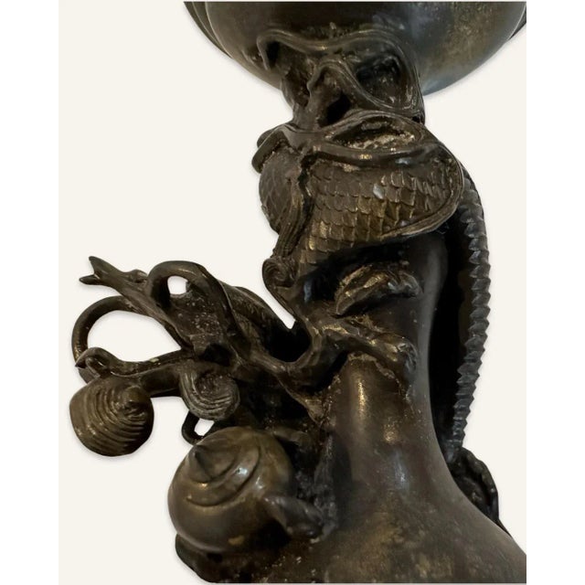 Chinese Pair of Late 19th Century Bronze Chinese Pricket Candle Holders Featuring the Imperial Dragon Chasing the Flaming Pearl of Immortality For Sale - Image 3 of 13