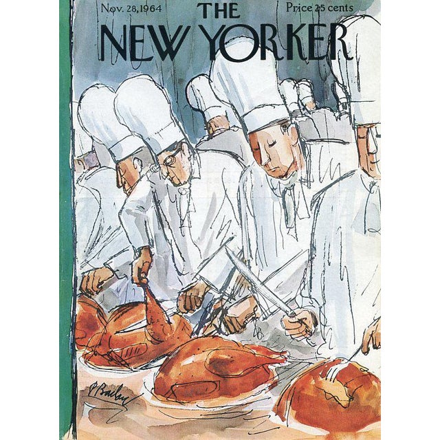 Original vintage New Yorker magazine cover dated November 28, 1964 featuring a Thanksgiving theme. Cover art by Perry...