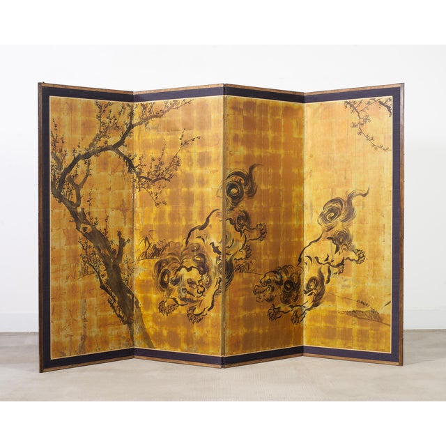 Mid 20th Century Japanese Showa Four Panel Screen Pair of Karashishi Foo Dogs For Sale - Image 11 of 18