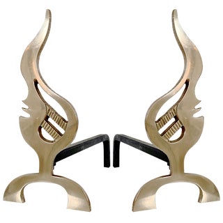 Flame Brass Andirons, France, 1960s, Set of 2 For Sale