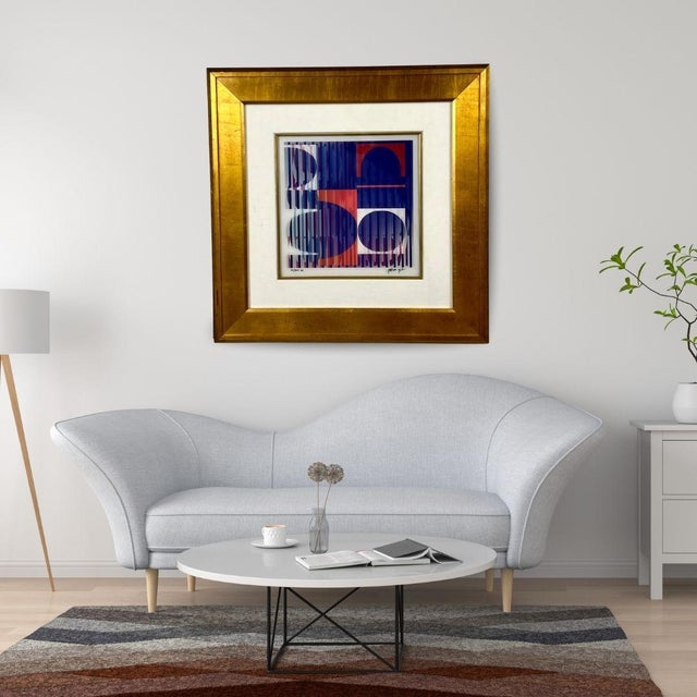 A visually dynamic Op Art composition by renowned artist Yaacov Agam ( Israel -b. 1928) , a pioneer of kinetic and optical...