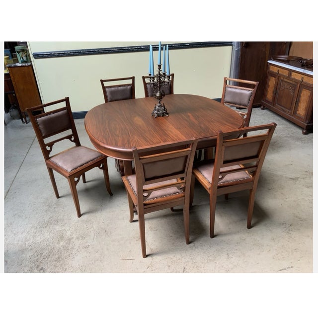 Brown Antique Art Nouveau Dining Set with Extendable Table and Chairs, 1910, Set of 7 For Sale - Image 8 of 12