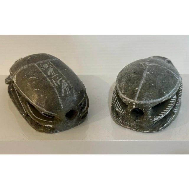 Traditional Pair Vintage Egyptian Revival Hand Carved Soap Stone Scarab Figurines With Hieroglyphics For Sale - Image 3 of 12