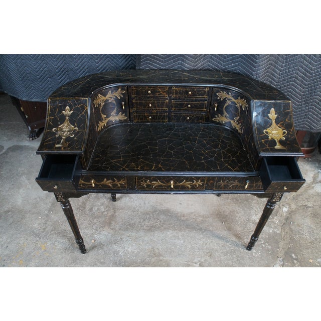 Vintage Black Lacquer Chinoiserie Carlton House Neoclassical Writing Desk For Sale - Image 10 of 17