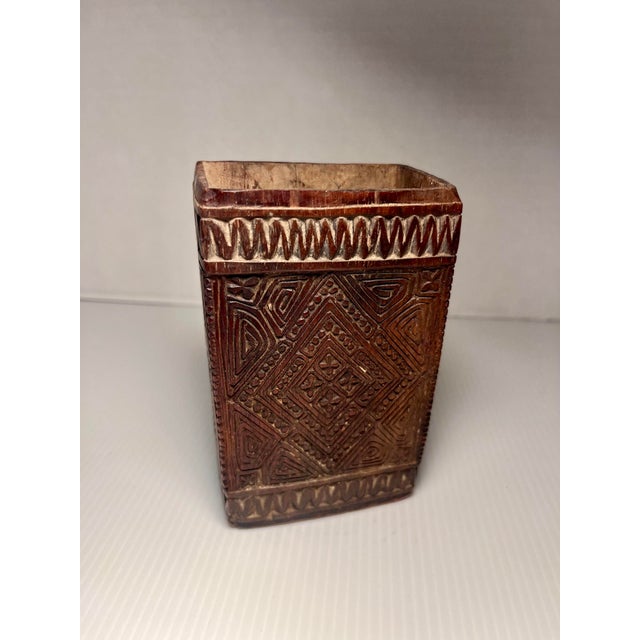 Antique Kuba Wooden Container DRC Congo African Tribal Geometric Carving For Sale - Image 4 of 9