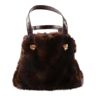 Mink 1990s Lungo Del Firenze Italian Handbag Mink Fur Gold Plate Frame For Sale