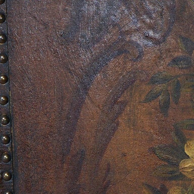 Arts & Crafts Polychromed Leather Folding Screen With Floral Design C1920 For Sale - Image 10 of 11