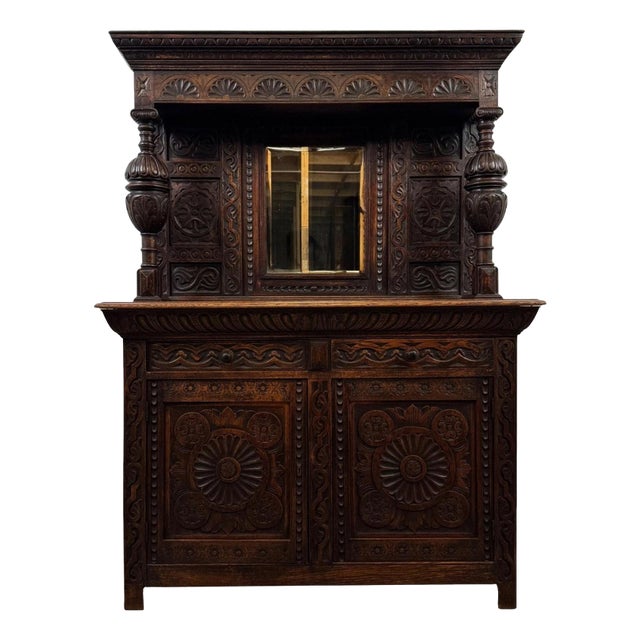 19th Century Victorian English Carved Oak Sideboard For Sale
