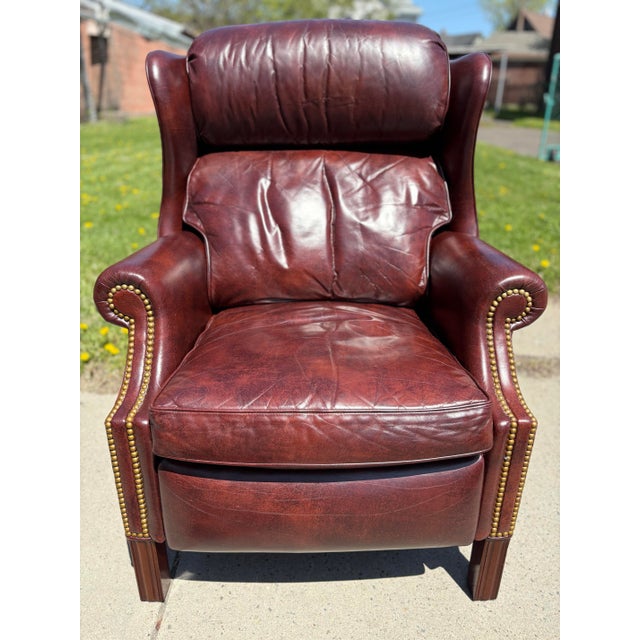 Vintage Hancock and Moore Burgundy Leather Wingback Chair/Recliner For Sale - Image 9 of 9