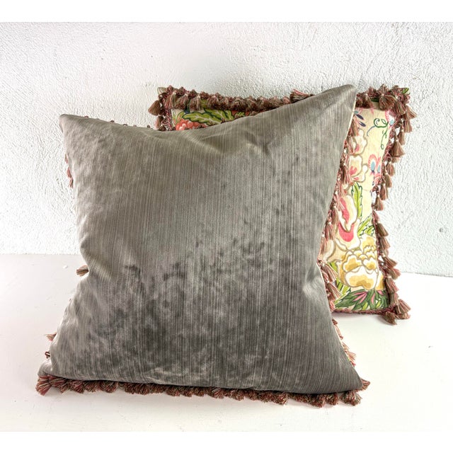 Dark Pink Thibaut Peony Garden Hand Printed Tasseled Linen Pillows/a Pair For Sale - Image 8 of 9