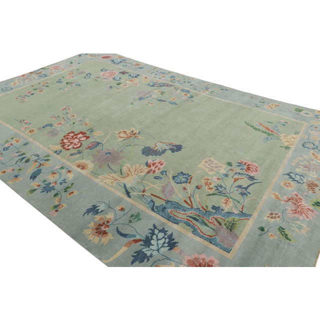 Rug & Kilim Rug & Kilim’s Oversized Chinese Art Deco Style Floral Rug in Green and Blue For Sale - Image 4 of 7