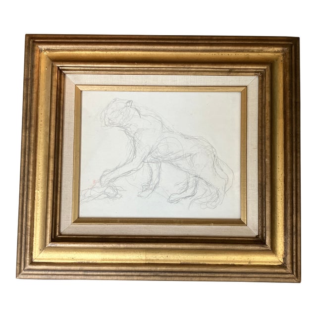 1950’s Original Abstract Lion Pencil Drawing Vintage Frame For Sale