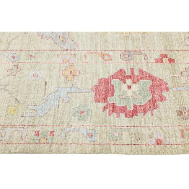 Hand-Knotted Modern Oushak Style Wool Rug – Muted Pastel Floral Transitional For Sale - Image 4 of 11