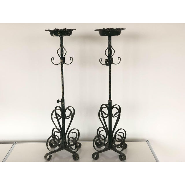Antique Wrought Iron Hand Forged and Adjustable Floor Candle Holders - a Pair For Sale - Image 4 of 4