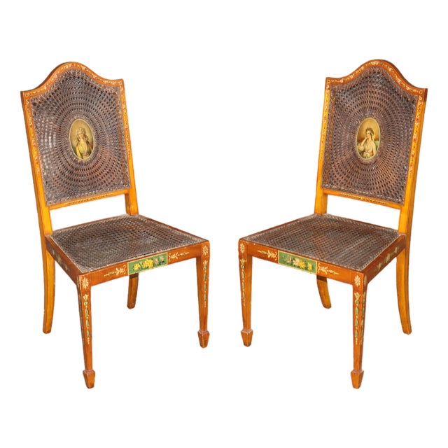 Pair Antique 19th C Gillow & Co Adams Style Cane Back Side Chairs For Sale