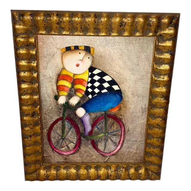 Vintage Palm Beach Regency Grandmillennial J. Roybal "Puffy People" Bicycle Oil Painting in Gilt Frame For Sale