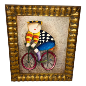Vintage Palm Beach Regency Grandmillennial J. Roybal "Puffy People" Bicycle Oil Painting in Gilt Frame