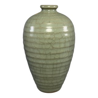 Antique Chinese Celadon Crackle‑Glaze Ribbed Meiping Vase, Collectible Antique For Sale