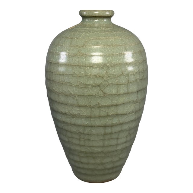 Antique Chinese Celadon Crackle‑Glaze Ribbed Meiping Vase, Collectible Antique For Sale