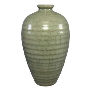 Antique Chinese Celadon Crackle‑Glaze Ribbed Meiping Vase, Collectible Antique