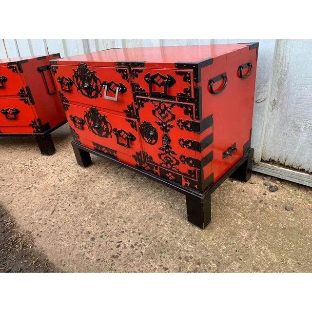 Wood Mid 20th Century Vintage Asian Style Red Painted Iron Mounded Campaign Cedar Type Chests. A Pair For Sale - Image 7 of 12