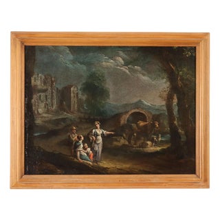 Venetian School Artist, Landscape with Figures and Herds, Oil on Canvas For Sale