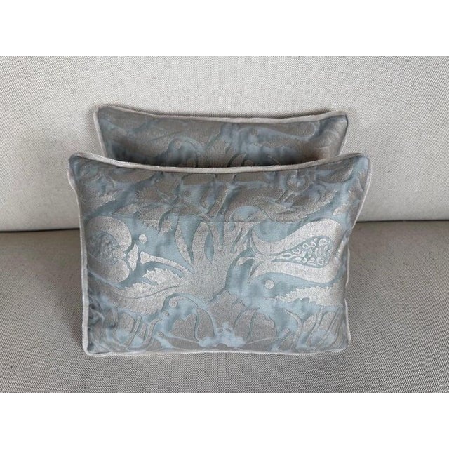 A beautiful pair of petite accent pillows handcrafted from authentic vintage Fortuny cotton textiles in luminous shades of...