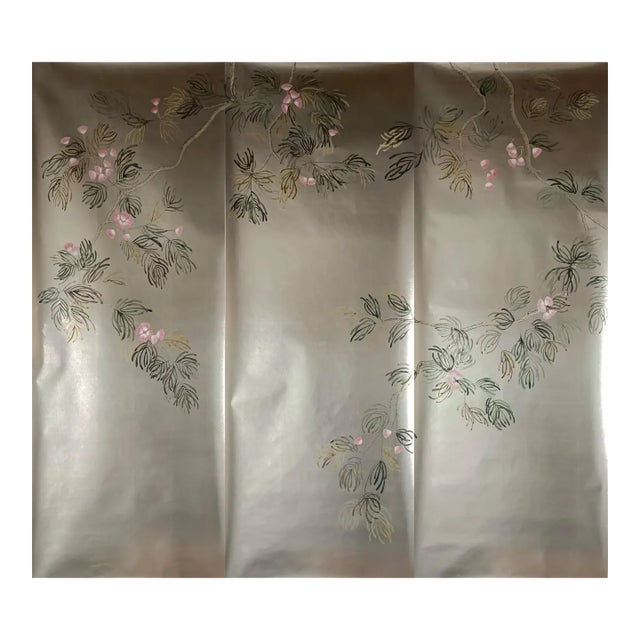 Hand-Painted Champagne Leaf Chinoiserie Wallpaper Panels – Pink Blossom & Botanical Branches, Set of 3 For Sale