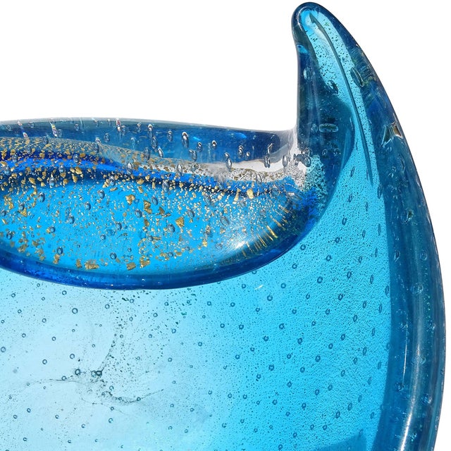 Murano Vintage Murano Sapphire Blue Gold Flecks Control Bubbles Italian Art Glass Tear Water Drop Dish Bowl For Sale - Image 4 of 8