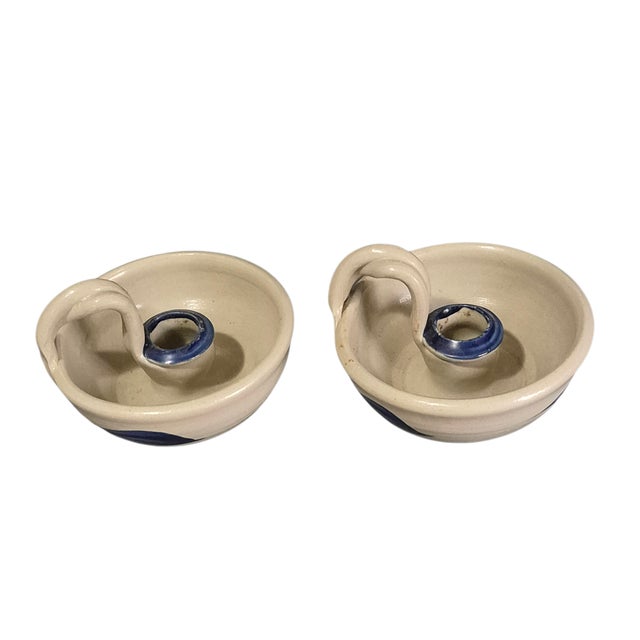 Blue Williamsburg Pottery Salt Glazed Chamber Candle Holder Pair Marked For Sale - Image 8 of 8