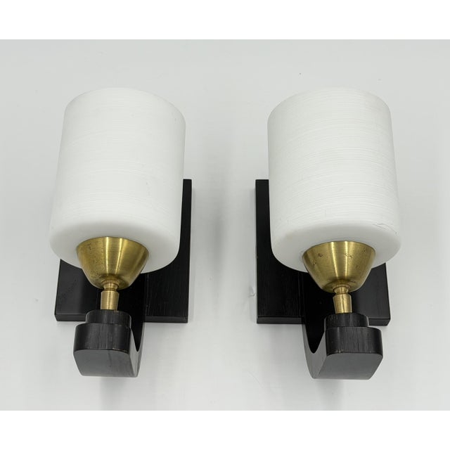 2020s Paul Marra Ebonized Wood, Brass & Studio Glass Wall Sconces - a Pair For Sale - Image 5 of 18