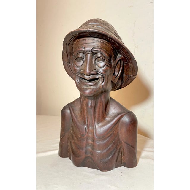 Figurative 1930s Hand Carved Wooden Balinese Elder Old Man Bust Sculpture Statue Bust For Sale - Image 3 of 13