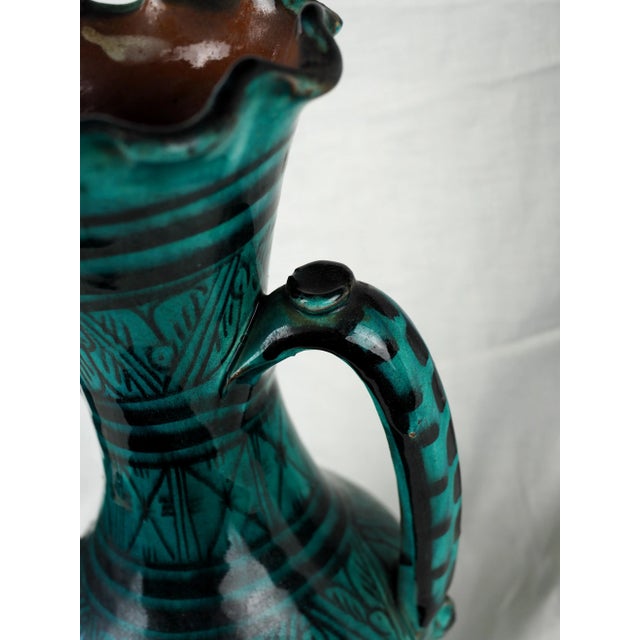 Late 19th Century Antique Moroccan Safi Boho Deep Green Vase With Handles For Sale - Image 4 of 11