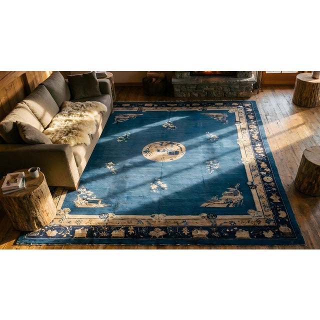 Blue A Beautiful Genuine Blue Ground Color With Chinoiserie Pattern Antique Chinese Peking Rug For Sale - Image 8 of 10