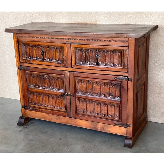 Spanish 20th Century Spanish Carved Walnut Tuscan Cabinet with One-Drawer For Sale - Image 3 of 12