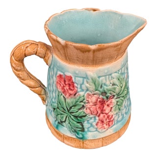 Late 19th Century Majolica Basket Weave Pitcher For Sale