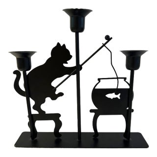 Vintage Fishing Black Cat Triple Candleholder For Sale