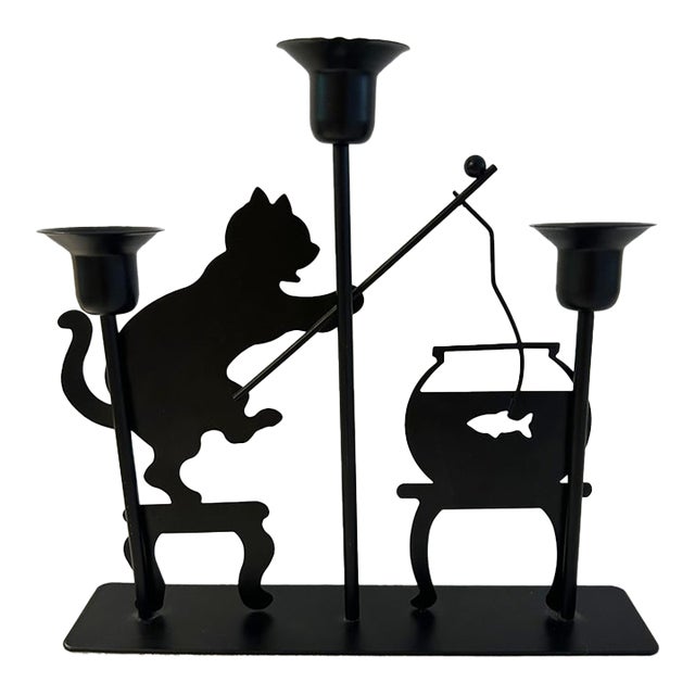 Vintage Fishing Black Cat Triple Candleholder For Sale