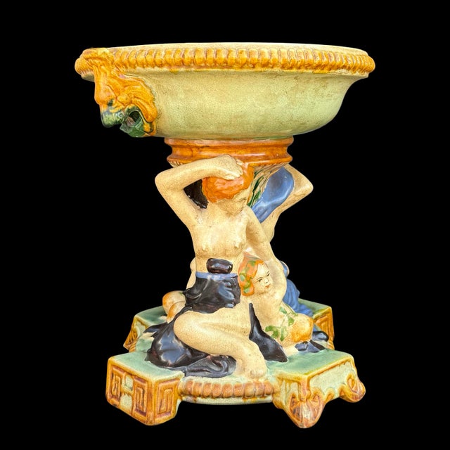 Figurative Antique English Minton-Style Majolica Figural Tazza Centerpiece With Maiden & Cherub For Sale - Image 3 of 7
