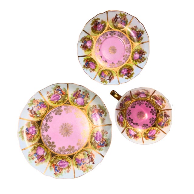 1920s Pink JKW Bavaria Love Story Tea Cup, Saucer and Salad Plate For Sale - Image 4 of 8